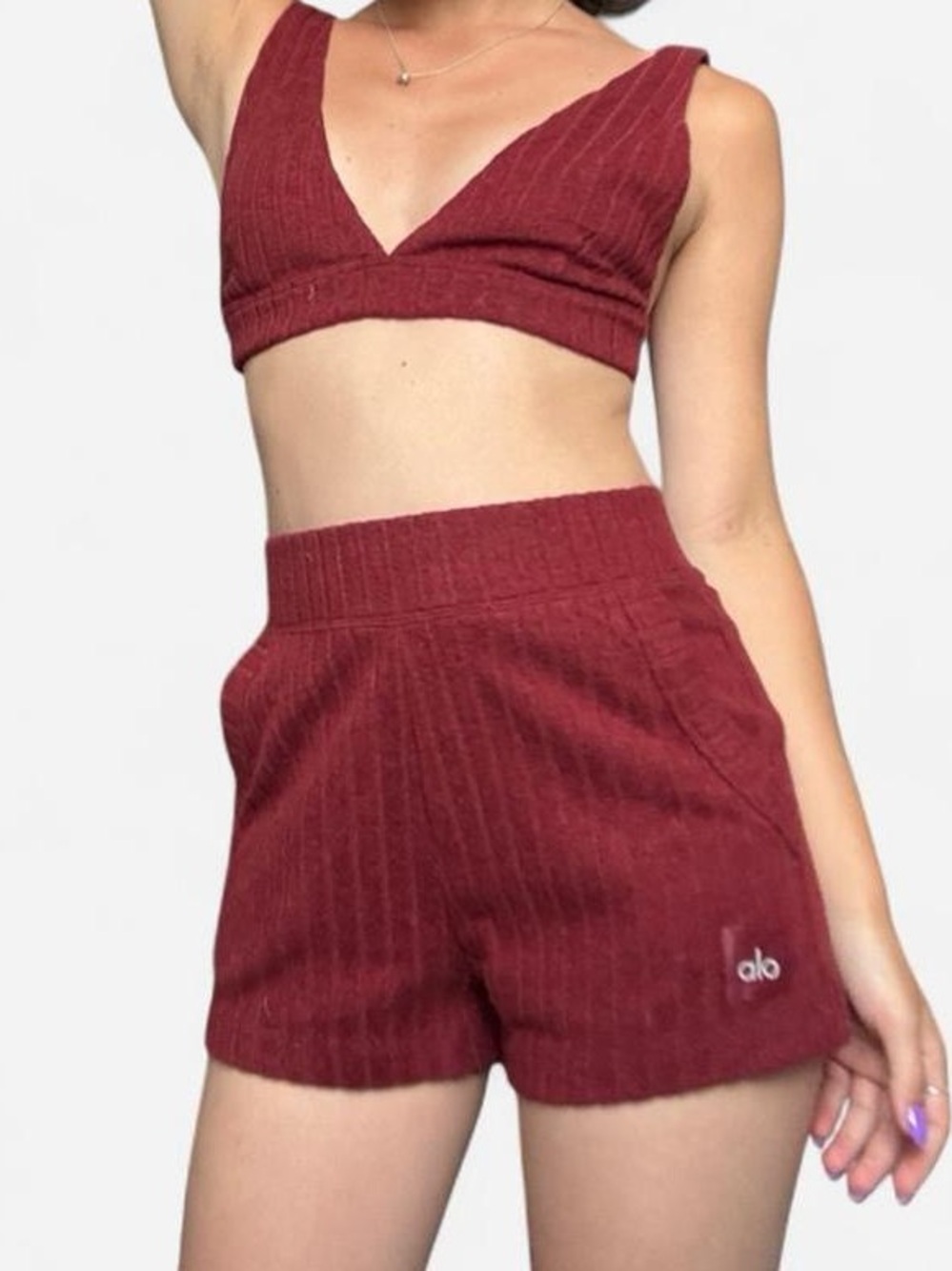 ALO Yoga Ribbed High-Waist Shorts in Burgundy Red